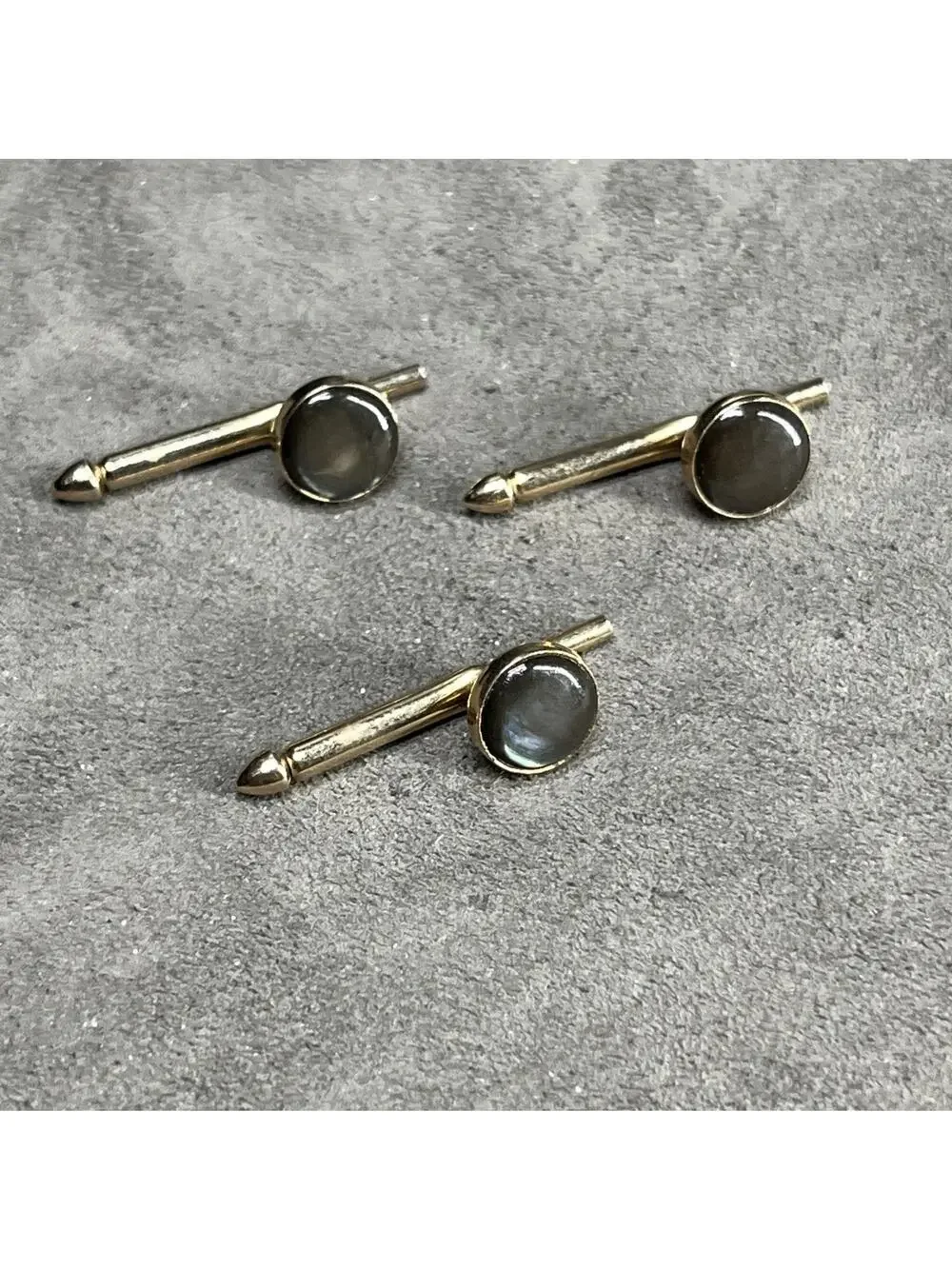 Vintage Brown Mother Of Pearl Round Tuxedo Shirt Stud Set Of 3 Gold Tone Swank